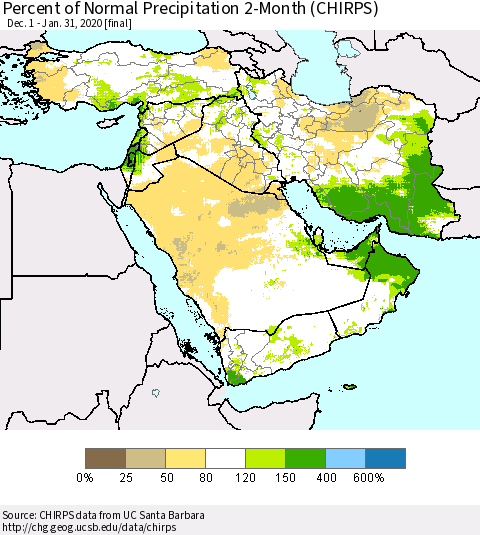 Middle East and Turkey Percent of Normal Precipitation 2-Month (CHIRPS) Thematic Map For 12/1/2019 - 1/31/2020