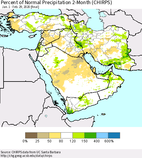 Middle East and Turkey Percent of Normal Precipitation 2-Month (CHIRPS) Thematic Map For 1/1/2020 - 2/29/2020