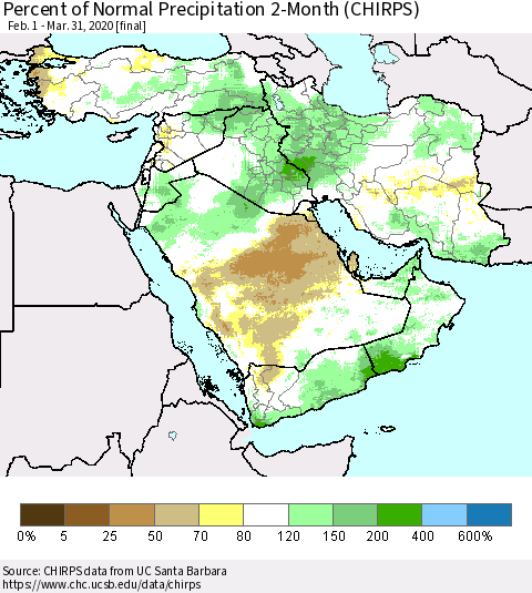 Middle East and Turkey Percent of Normal Precipitation 2-Month (CHIRPS) Thematic Map For 2/1/2020 - 3/31/2020