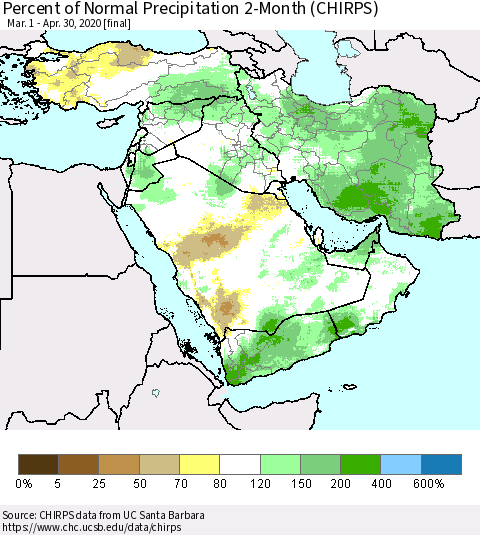 Middle East and Turkey Percent of Normal Precipitation 2-Month (CHIRPS) Thematic Map For 3/1/2020 - 4/30/2020