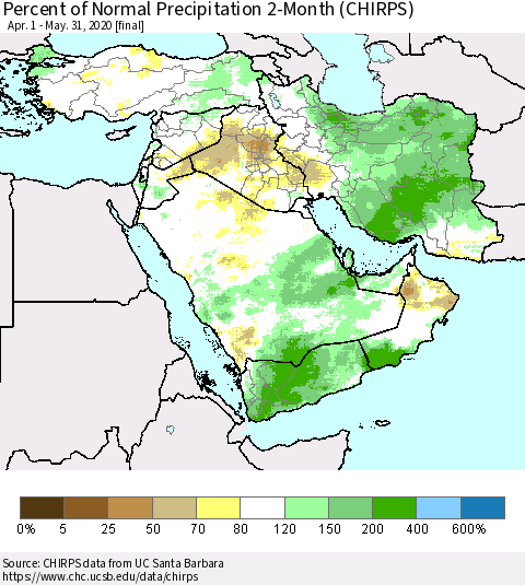 Middle East and Turkey Percent of Normal Precipitation 2-Month (CHIRPS) Thematic Map For 4/1/2020 - 5/31/2020