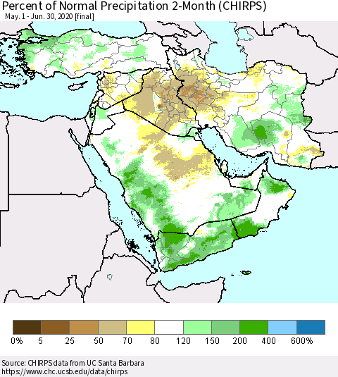 Middle East and Turkey Percent of Normal Precipitation 2-Month (CHIRPS) Thematic Map For 5/1/2020 - 6/30/2020