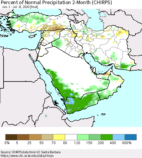 Middle East and Turkey Percent of Normal Precipitation 2-Month (CHIRPS) Thematic Map For 6/1/2020 - 7/31/2020