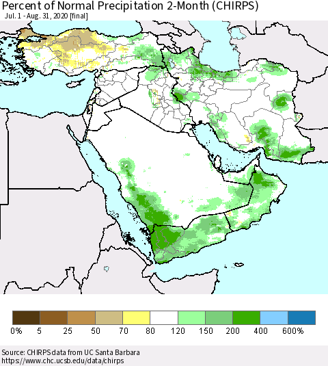 Middle East and Turkey Percent of Normal Precipitation 2-Month (CHIRPS) Thematic Map For 7/1/2020 - 8/31/2020
