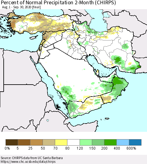 Middle East and Turkey Percent of Normal Precipitation 2-Month (CHIRPS) Thematic Map For 8/1/2020 - 9/30/2020