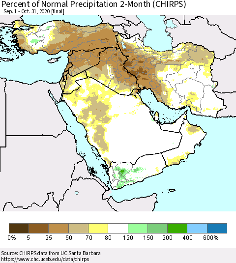Middle East and Turkey Percent of Normal Precipitation 2-Month (CHIRPS) Thematic Map For 9/1/2020 - 10/31/2020