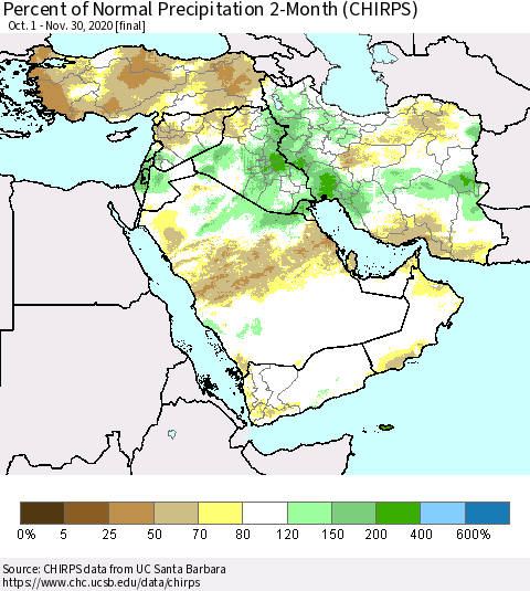 Middle East and Turkey Percent of Normal Precipitation 2-Month (CHIRPS) Thematic Map For 10/1/2020 - 11/30/2020