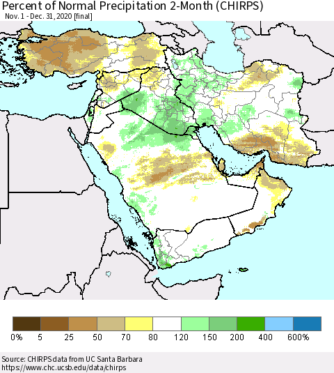 Middle East and Turkey Percent of Normal Precipitation 2-Month (CHIRPS) Thematic Map For 11/1/2020 - 12/31/2020