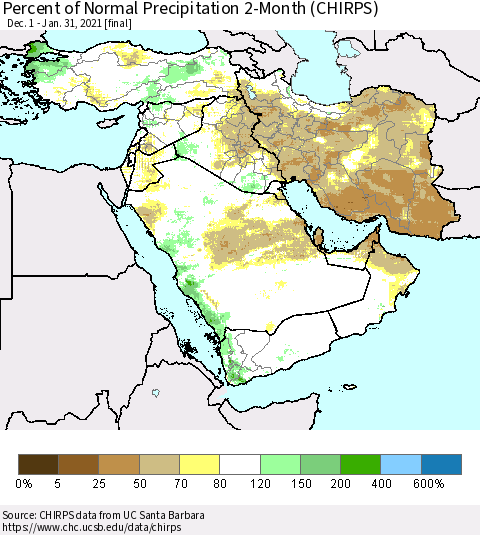 Middle East and Turkey Percent of Normal Precipitation 2-Month (CHIRPS) Thematic Map For 12/1/2020 - 1/31/2021