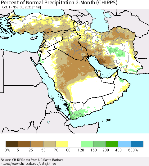 Middle East and Turkey Percent of Normal Precipitation 2-Month (CHIRPS) Thematic Map For 10/1/2021 - 11/30/2021