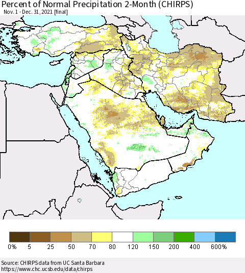 Middle East and Turkey Percent of Normal Precipitation 2-Month (CHIRPS) Thematic Map For 11/1/2021 - 12/31/2021