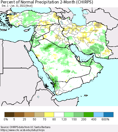 Middle East and Turkey Percent of Normal Precipitation 2-Month (CHIRPS) Thematic Map For 12/1/2021 - 1/31/2022