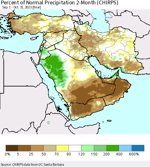 Middle East and Turkey Percent of Normal Precipitation 2-Month (CHIRPS) Thematic Map For 9/1/2023 - 10/31/2023