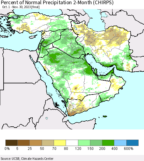Middle East and Turkey Percent of Normal Precipitation 2-Month (CHIRPS) Thematic Map For 10/1/2023 - 11/30/2023
