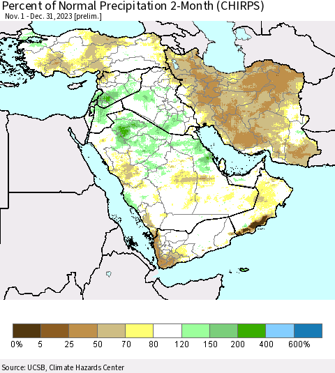 Middle East and Turkey Percent of Normal Precipitation 2-Month (CHIRPS) Thematic Map For 11/1/2023 - 12/31/2023