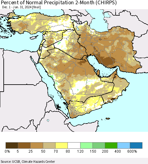 Middle East and Turkey Percent of Normal Precipitation 2-Month (CHIRPS) Thematic Map For 12/1/2023 - 1/31/2024