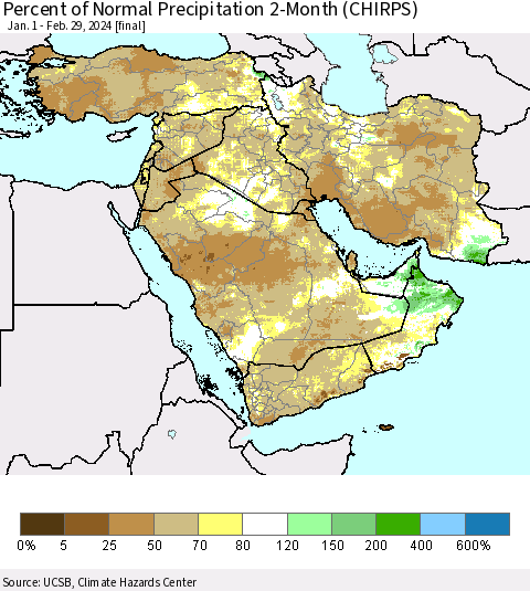 Middle East and Turkey Percent of Normal Precipitation 2-Month (CHIRPS) Thematic Map For 1/1/2024 - 2/29/2024