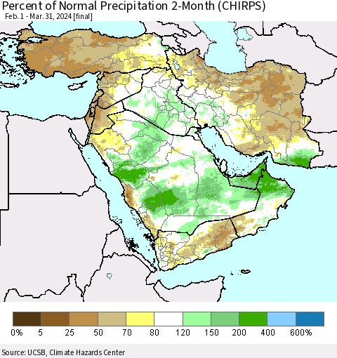 Middle East and Turkey Percent of Normal Precipitation 2-Month (CHIRPS) Thematic Map For 2/1/2024 - 3/31/2024