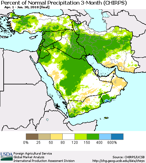 Middle East and Turkey Percent of Normal Precipitation 3-Month (CHIRPS) Thematic Map For 4/1/2018 - 6/30/2018
