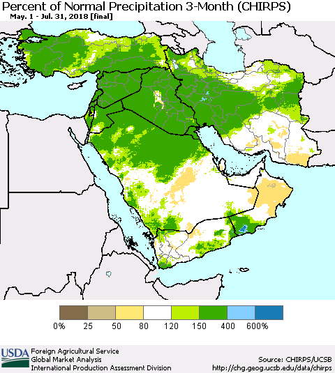 Middle East and Turkey Percent of Normal Precipitation 3-Month (CHIRPS) Thematic Map For 5/1/2018 - 7/31/2018