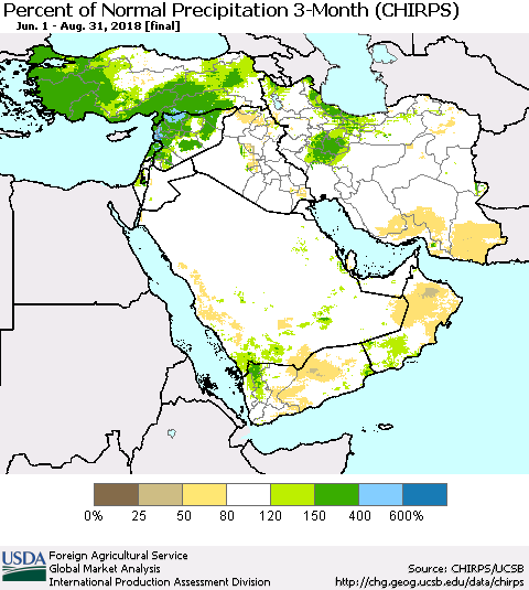Middle East and Turkey Percent of Normal Precipitation 3-Month (CHIRPS) Thematic Map For 6/1/2018 - 8/31/2018