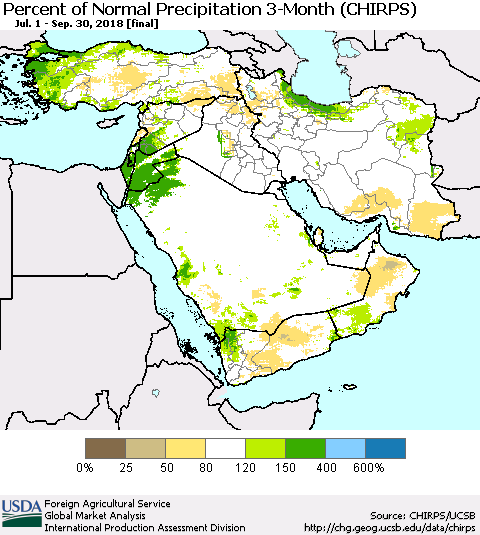 Middle East and Turkey Percent of Normal Precipitation 3-Month (CHIRPS) Thematic Map For 7/1/2018 - 9/30/2018