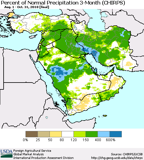 Middle East and Turkey Percent of Normal Precipitation 3-Month (CHIRPS) Thematic Map For 8/1/2018 - 10/31/2018