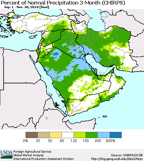 Middle East and Turkey Percent of Normal Precipitation 3-Month (CHIRPS) Thematic Map For 9/1/2018 - 11/30/2018