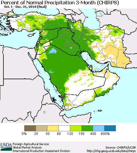 Middle East and Turkey Percent of Normal Precipitation 3-Month (CHIRPS) Thematic Map For 10/1/2018 - 12/31/2018