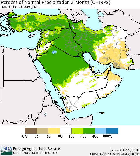 Middle East and Turkey Percent of Normal Precipitation 3-Month (CHIRPS) Thematic Map For 11/1/2018 - 1/31/2019
