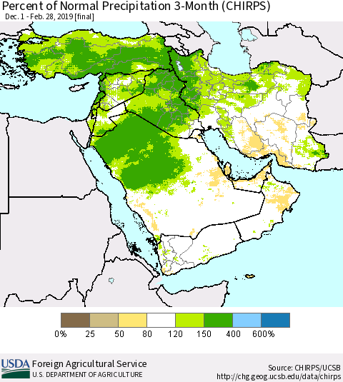 Middle East and Turkey Percent of Normal Precipitation 3-Month (CHIRPS) Thematic Map For 12/1/2018 - 2/28/2019