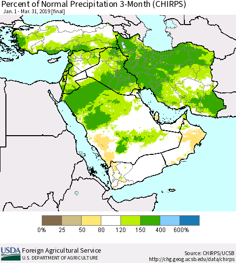 Middle East and Turkey Percent of Normal Precipitation 3-Month (CHIRPS) Thematic Map For 1/1/2019 - 3/31/2019