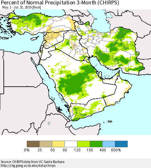 Middle East and Turkey Percent of Normal Precipitation 3-Month (CHIRPS) Thematic Map For 5/1/2019 - 7/31/2019