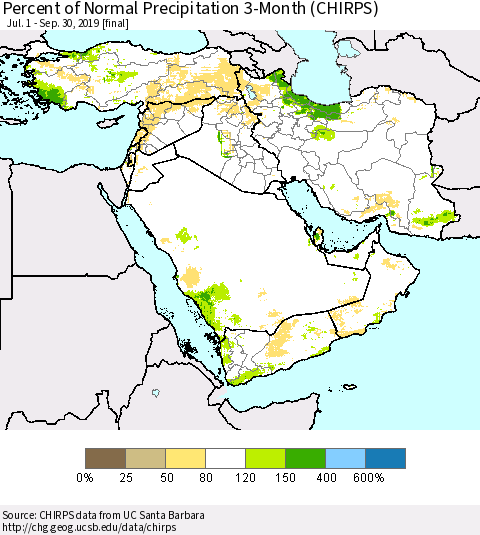 Middle East and Turkey Percent of Normal Precipitation 3-Month (CHIRPS) Thematic Map For 7/1/2019 - 9/30/2019