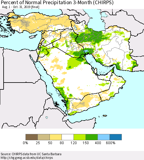 Middle East and Turkey Percent of Normal Precipitation 3-Month (CHIRPS) Thematic Map For 8/1/2019 - 10/31/2019