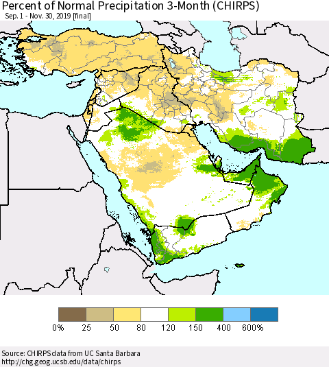 Middle East and Turkey Percent of Normal Precipitation 3-Month (CHIRPS) Thematic Map For 9/1/2019 - 11/30/2019