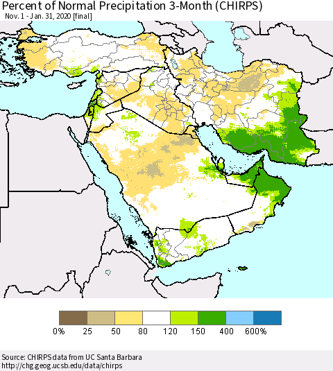 Middle East and Turkey Percent of Normal Precipitation 3-Month (CHIRPS) Thematic Map For 11/1/2019 - 1/31/2020
