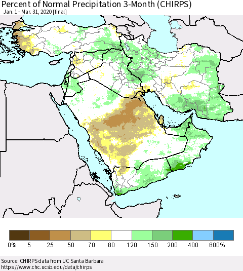 Middle East and Turkey Percent of Normal Precipitation 3-Month (CHIRPS) Thematic Map For 1/1/2020 - 3/31/2020