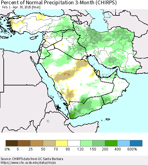 Middle East and Turkey Percent of Normal Precipitation 3-Month (CHIRPS) Thematic Map For 2/1/2020 - 4/30/2020