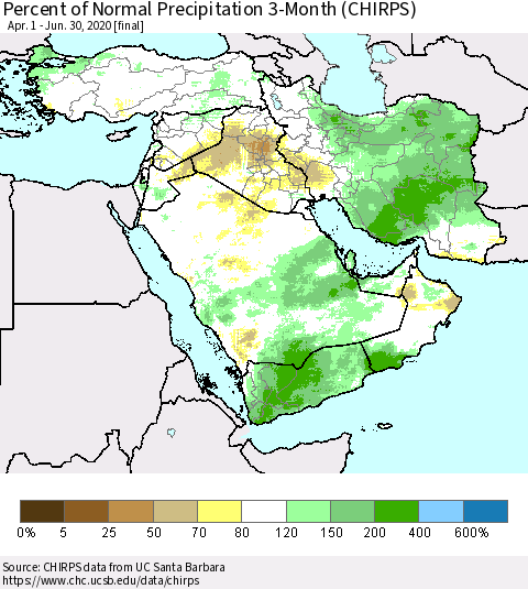Middle East and Turkey Percent of Normal Precipitation 3-Month (CHIRPS) Thematic Map For 4/1/2020 - 6/30/2020
