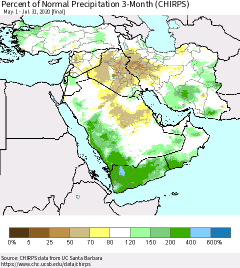 Middle East and Turkey Percent of Normal Precipitation 3-Month (CHIRPS) Thematic Map For 5/1/2020 - 7/31/2020