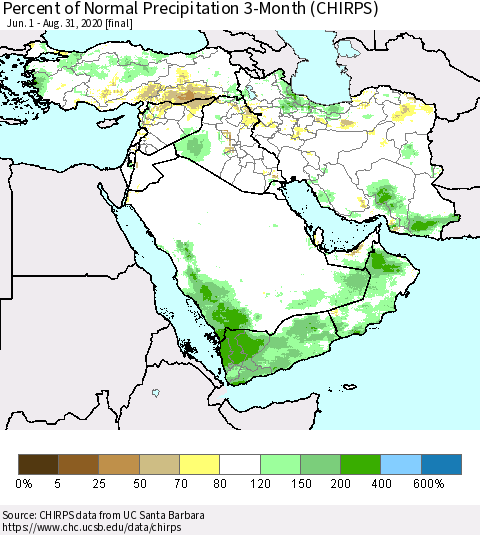 Middle East and Turkey Percent of Normal Precipitation 3-Month (CHIRPS) Thematic Map For 6/1/2020 - 8/31/2020