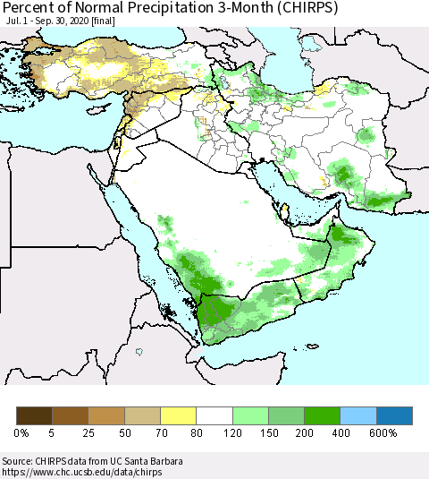 Middle East and Turkey Percent of Normal Precipitation 3-Month (CHIRPS) Thematic Map For 7/1/2020 - 9/30/2020