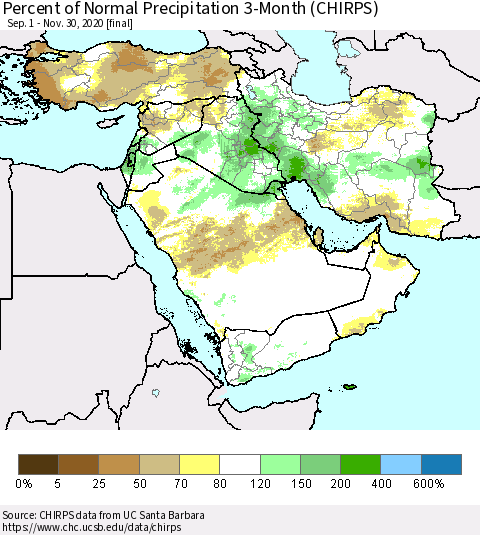 Middle East and Turkey Percent of Normal Precipitation 3-Month (CHIRPS) Thematic Map For 9/1/2020 - 11/30/2020