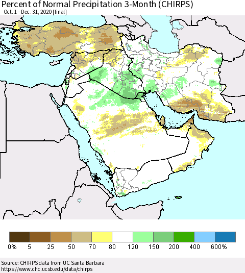 Middle East and Turkey Percent of Normal Precipitation 3-Month (CHIRPS) Thematic Map For 10/1/2020 - 12/31/2020