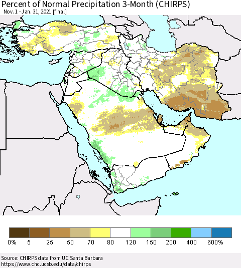 Middle East and Turkey Percent of Normal Precipitation 3-Month (CHIRPS) Thematic Map For 11/1/2020 - 1/31/2021