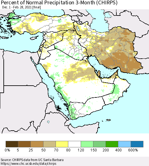 Middle East and Turkey Percent of Normal Precipitation 3-Month (CHIRPS) Thematic Map For 12/1/2020 - 2/28/2021
