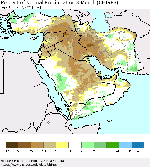 Middle East and Turkey Percent of Normal Precipitation 3-Month (CHIRPS) Thematic Map For 4/1/2021 - 6/30/2021