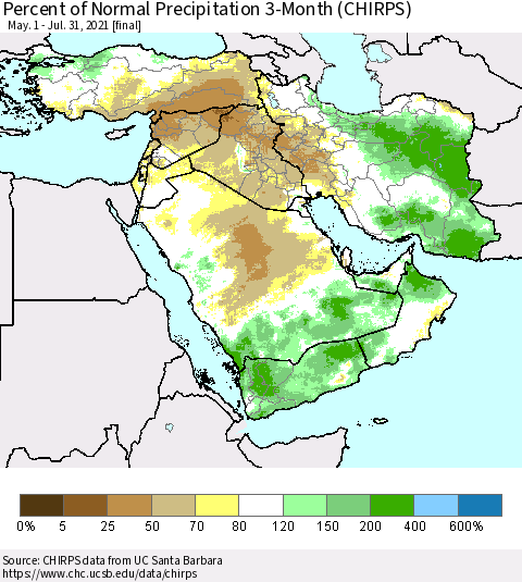 Middle East and Turkey Percent of Normal Precipitation 3-Month (CHIRPS) Thematic Map For 5/1/2021 - 7/31/2021