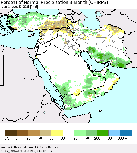 Middle East and Turkey Percent of Normal Precipitation 3-Month (CHIRPS) Thematic Map For 6/1/2021 - 8/31/2021
